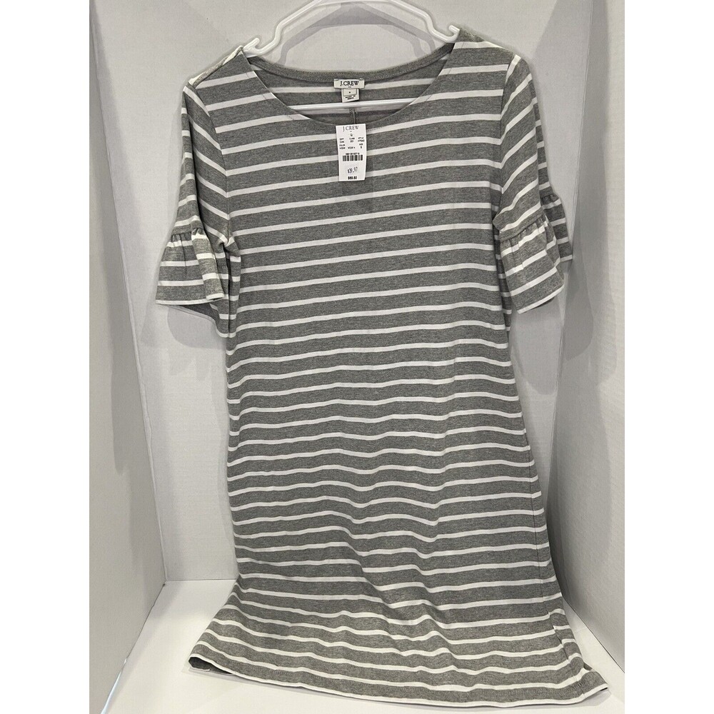 NWT J Crew Ruffle Sleeve Dress Gray White Stripe Short Sleeve Cotton Small